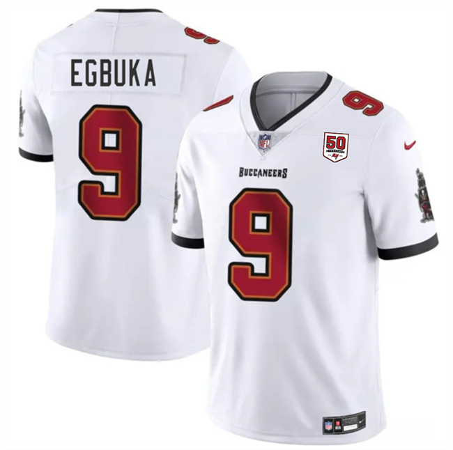 Men's Tampa Bay Buccaneers #9 Emeka Egbuka White 2025 Draft 50th Anniversary Patch Vapor Untouchable Limited Stitched Football Jersey